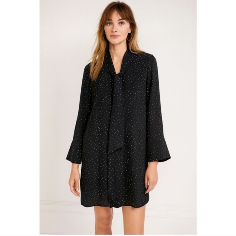 Banana Republic Black Long-Sleeve Tie-Neck Dress with Polka Dots Size S NWOT